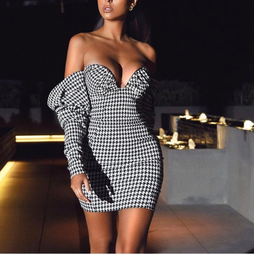 Kylie Puff Sleeve Off Shoulder Houndstooth Dress